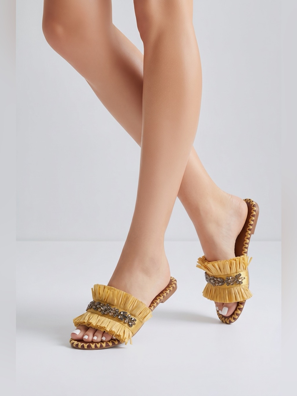De Siena - Ibiza (Anthro) Raffia Fringe Jeweled Slide Sandals. Size 39 -US 8.5